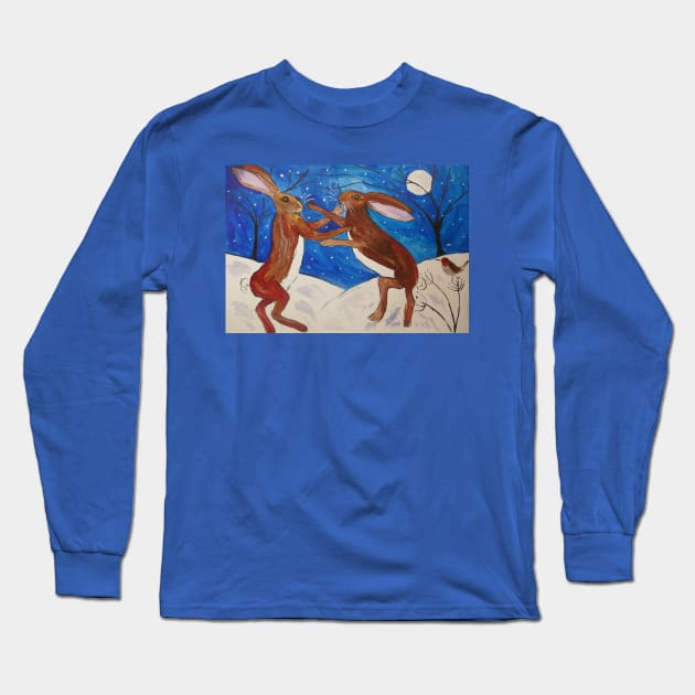 Hares Boxing and a Sweet little Robin Long Sleeve T-Shirt by Casimirasquirkyart